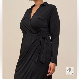 Torrid Dress 5X Empire V-neck Faux Wrap Midi Tie Collar Black Stretch Asymmetric